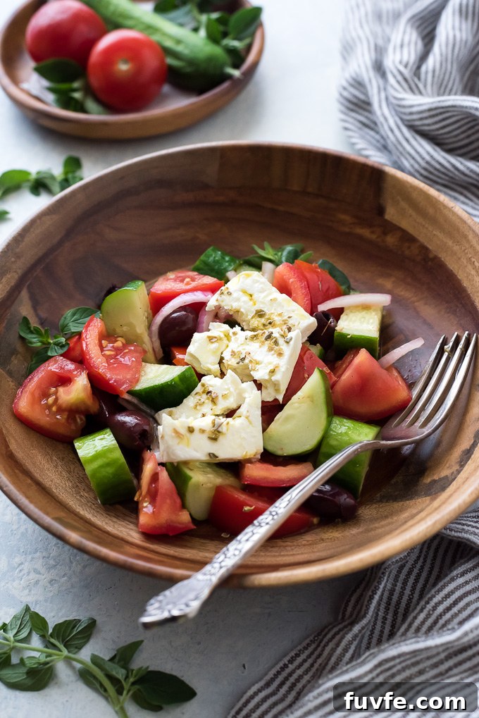 Horiatiki Greek Village Salad Recipe 6 Greek horiatiki salad with crumbled feta on top