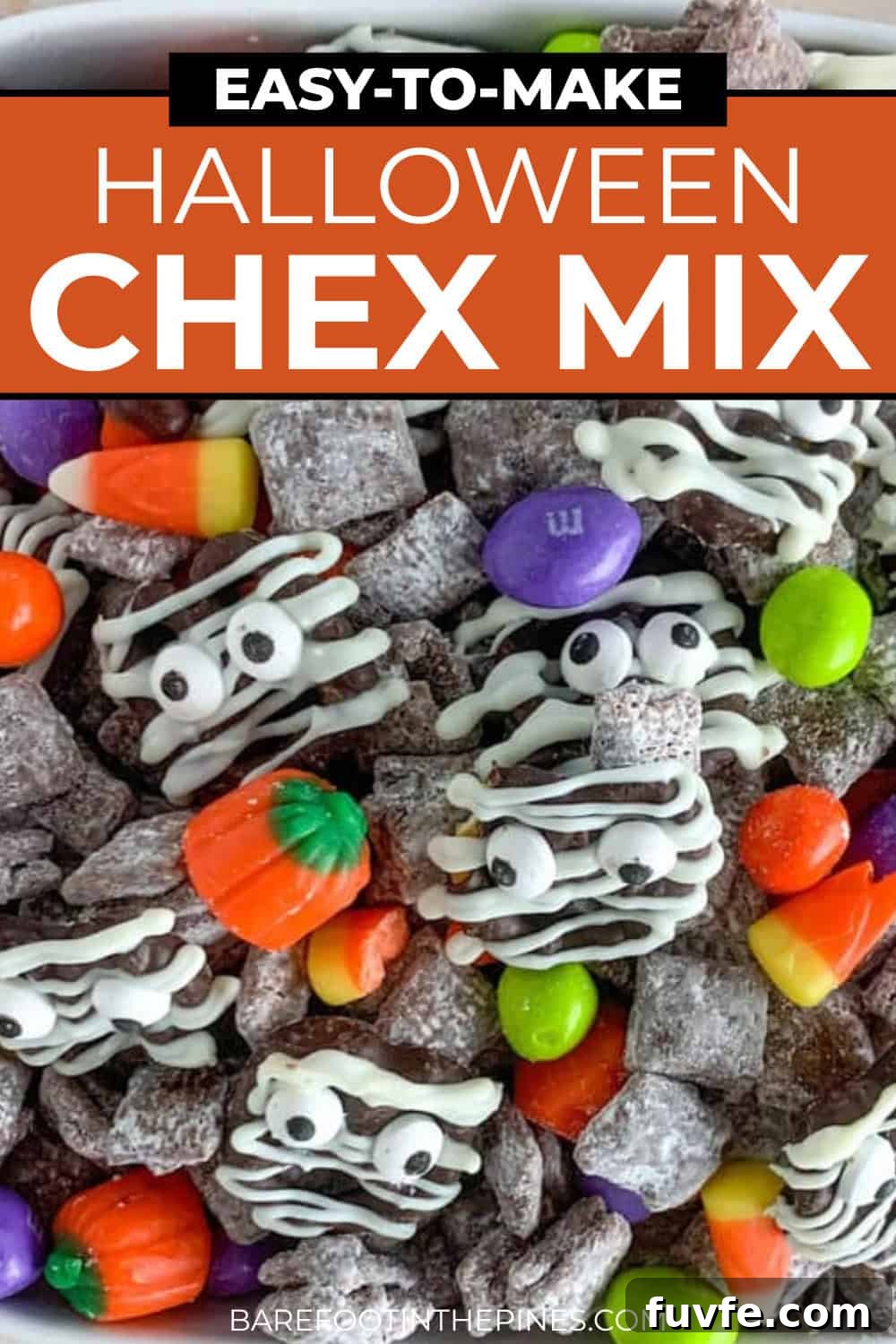 Spooky Halloween Chex Mix Recipe for Parties and Treats 10 A bowl of Halloween-themed Chex mix with candy eyes, candy corn, colorful candies, and white chocolate drizzle. Text on image reads: "Easy-to-make Halloween Chex Mix.