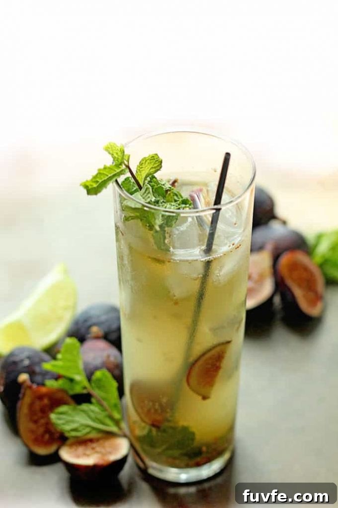A fig mojito in a tall glass. Fresh figs are scattered around the glass.