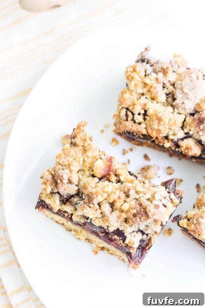 Two fig crumble bars on a white plate.