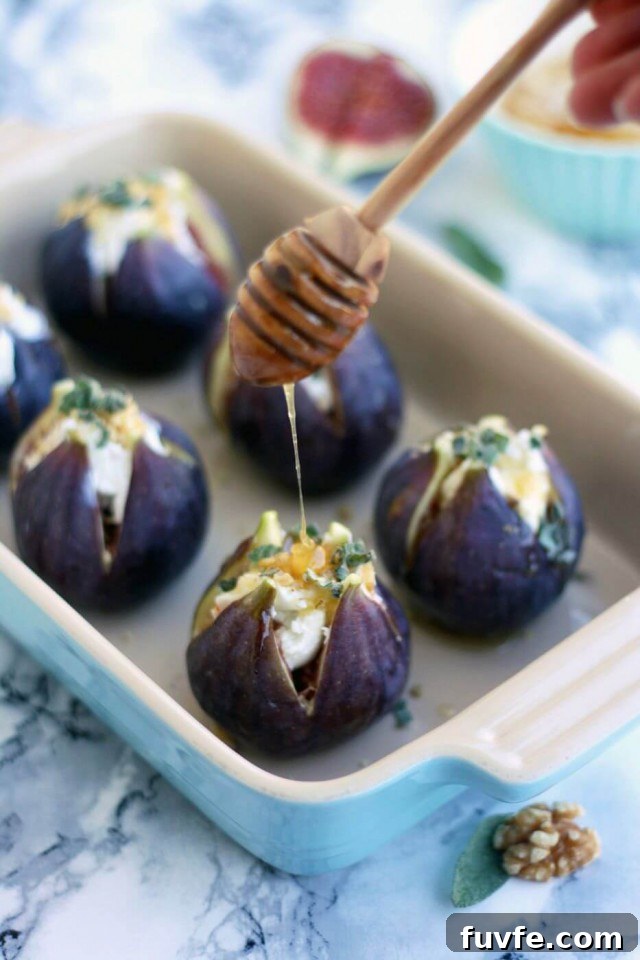 Figs stuffed with goat cheese being drizzled with honey.