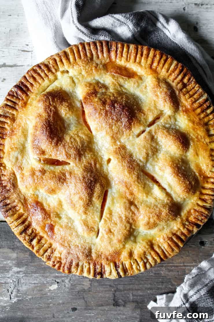Baked peach pie in pie plate.