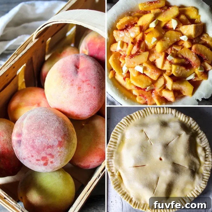 Three photo collage of making peach pie.