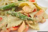 Salmon Pesto Pasta with Asparagus and Roasted Peppers