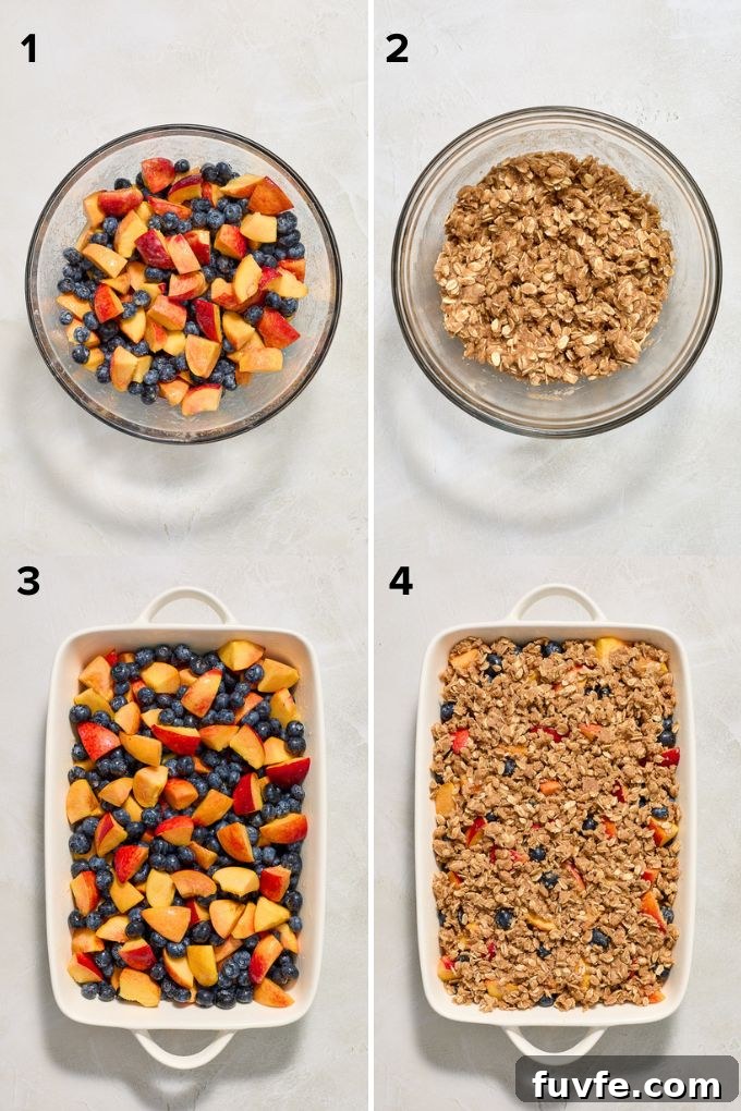 Peach and Blueberry Crisp Recipe with Oat Topping 5 How to make peach and blueberry crisp.