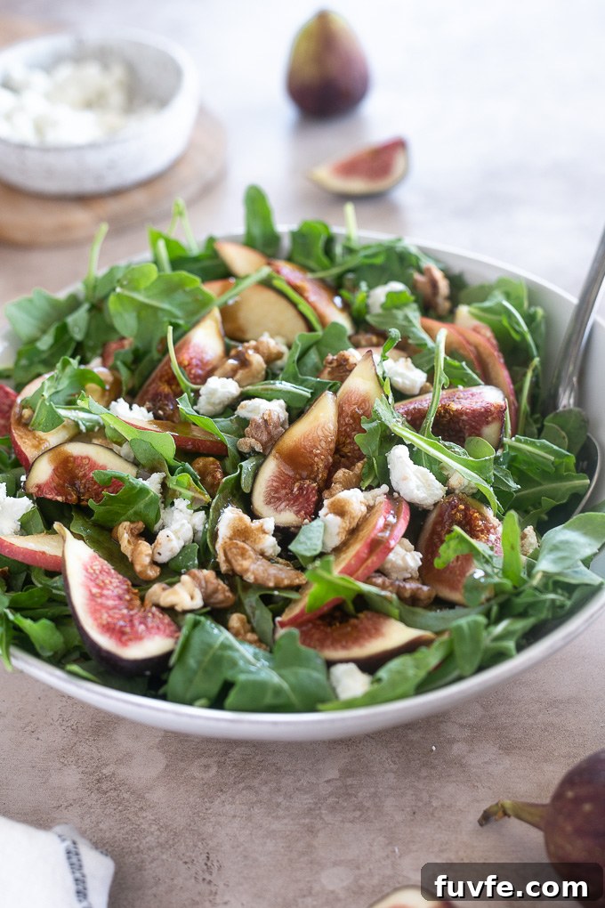 Arugula fig salad with balsamic dressing drizzled over it