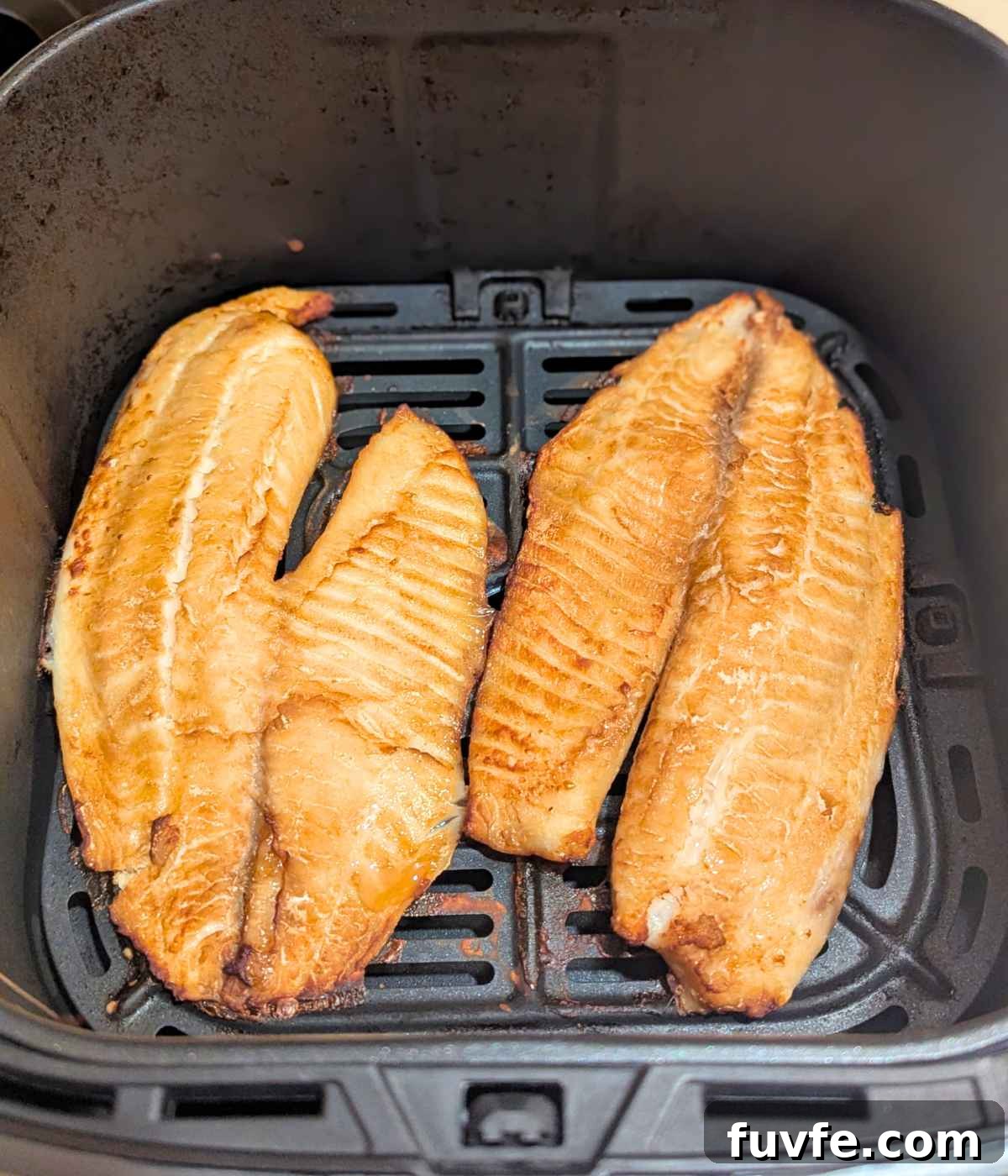 Tilapia fillets brushed with teriyaki sauce and after air frying in air fryer basket