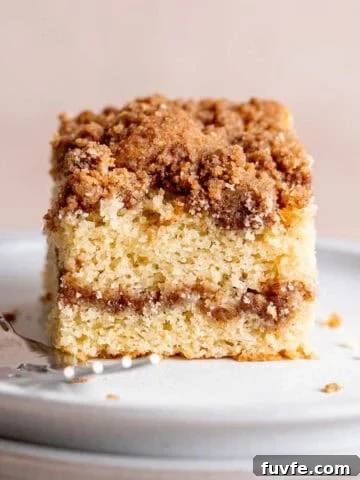A slice of sourdough discard coffee cake with cinnamon streusel layers.