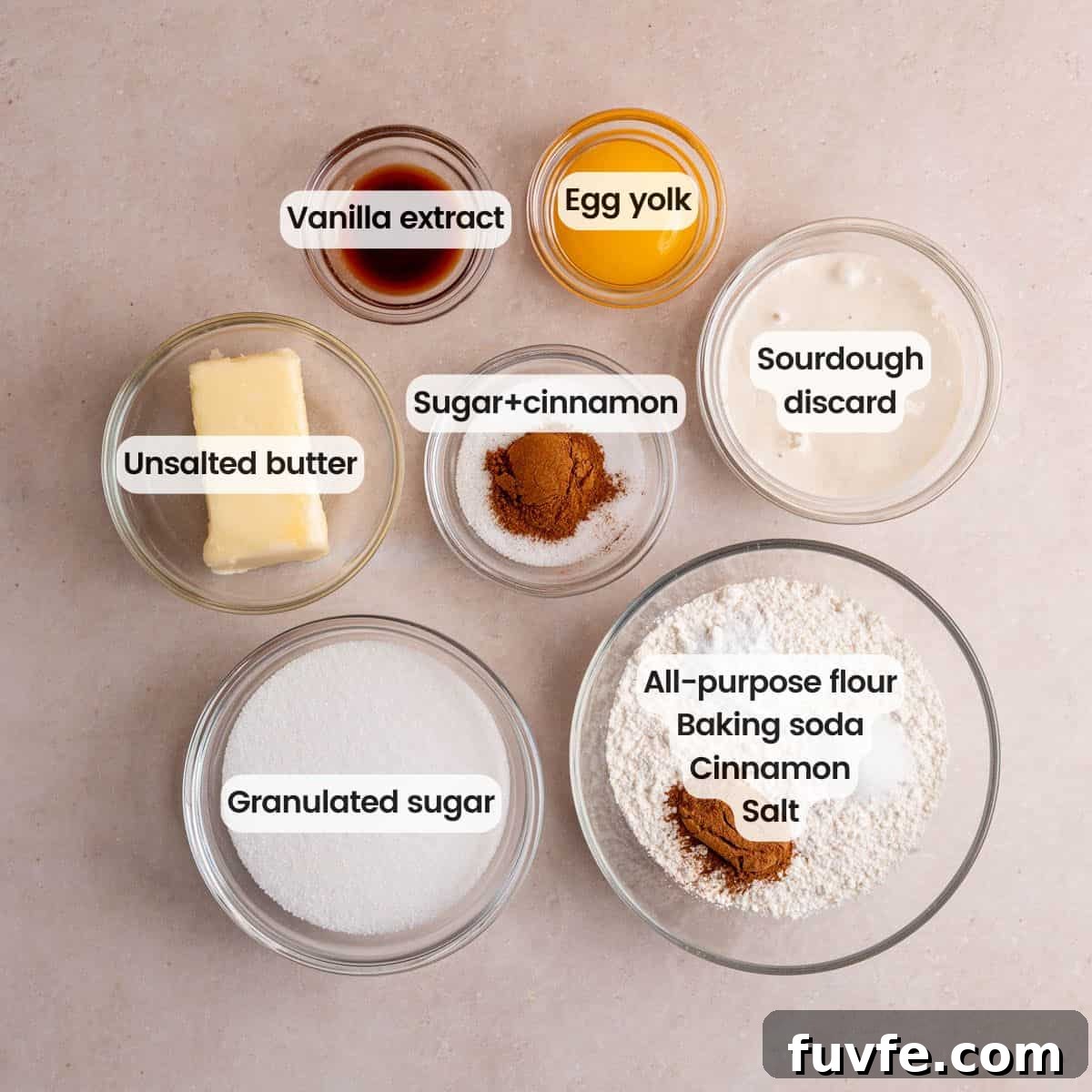 Ingredients needed to make snickerdoodle cookies with sourdough discard.