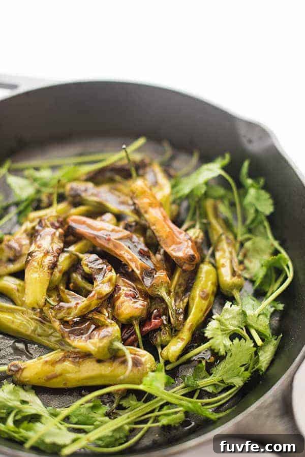 Sauteed shishito peppers in a cast iron skillet