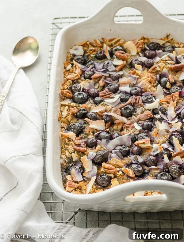 front shot of blueberry morning glory baked oatmeal in baking dish
