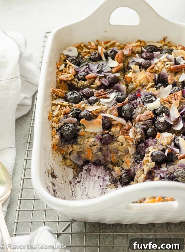 baking dish of blueberry morning glory baked oatmeal with square missing