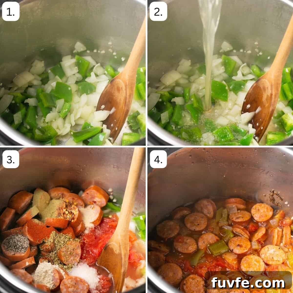 numbered step by step photos showing how to make instant pot jambalaya