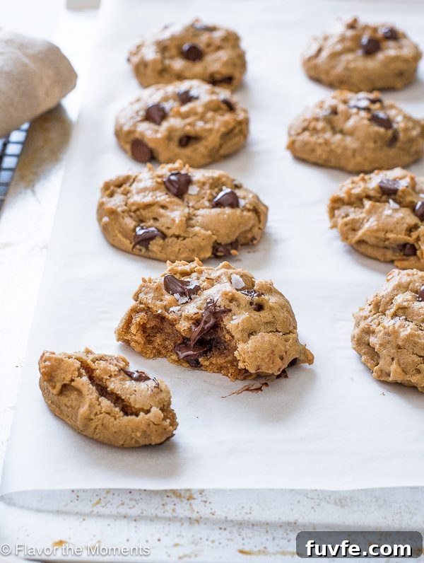 Flourless peanut butter chocolate chip oatmeal cookie cut in half with melty chocolate