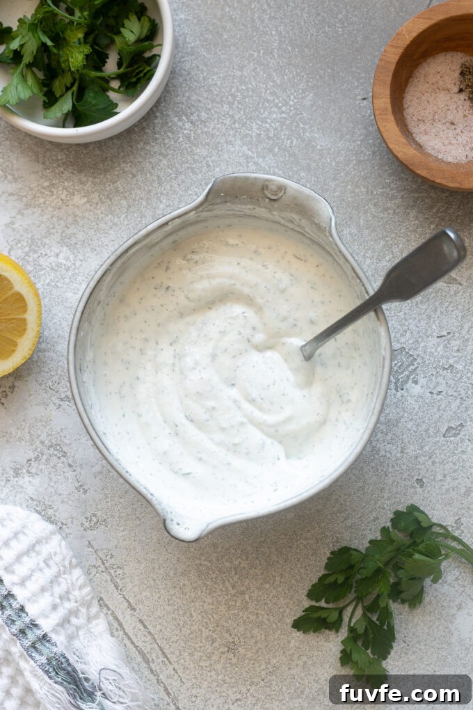 Creamy Homemade Greek Yogurt Ranch Dressing Recipe 6 Ranch dressing using Greek yogurt in a bowl.