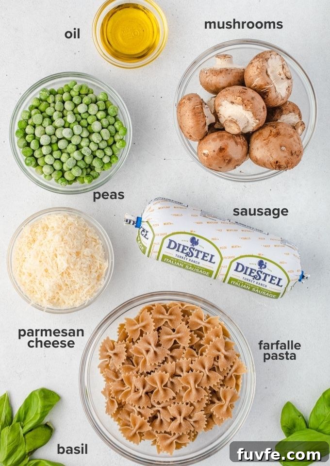 Ingredients for making pasta with sausage and peas