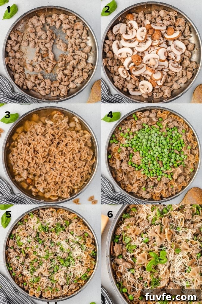 Photo collage showing how to make bow tie pasta with Italian sausage