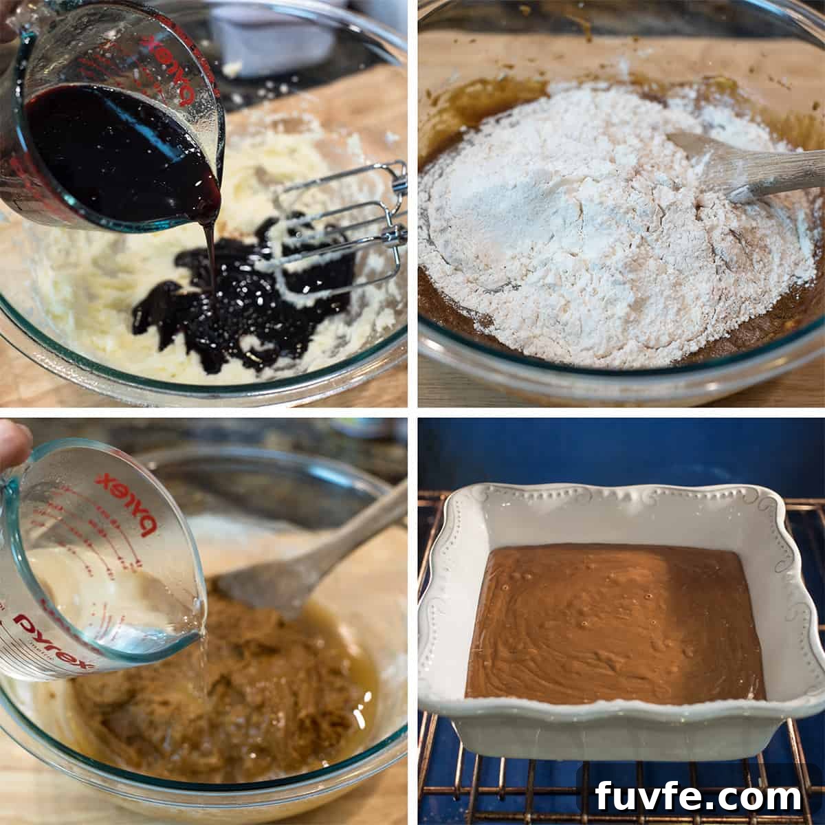 Warm Gingerbread Cake Recipe with Spiced Molasses Glaze 6 Four images of gingerbread cake batter being mixed in a bowl and baked in the oven in a small baking dish.