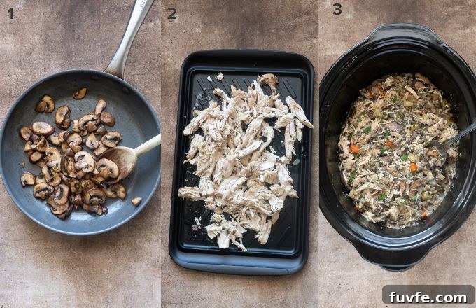 Slow Cooker Creamy Chicken and Wild Rice Casserole 6 Assemble chicken wild rice casserole.