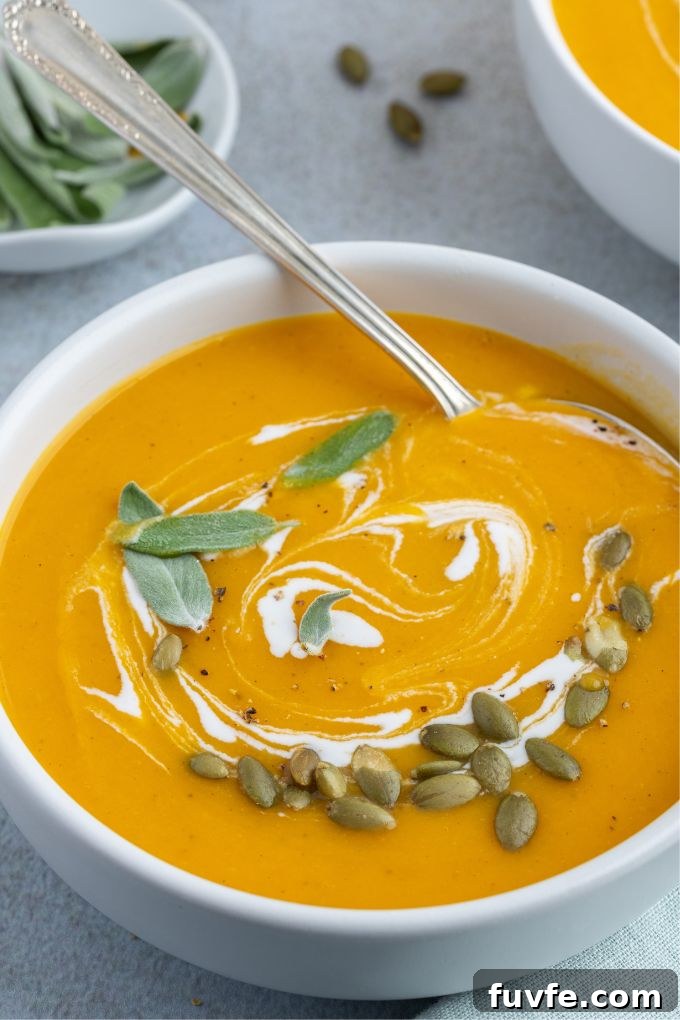 Roasted Pumpkin and Apple Soup with Warm Spices 7 Roasted pumpkin soup in a bowl with garnishes and a spoon