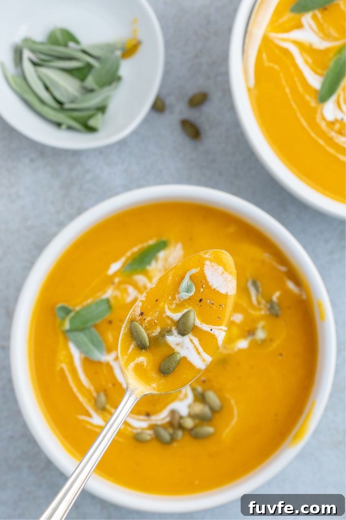 Roasted Pumpkin and Apple Soup with Warm Spices 8 Spoonful of roasted pumpkin apple soup over the bowl