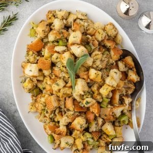 Crock pot stuffing on a white serving platter