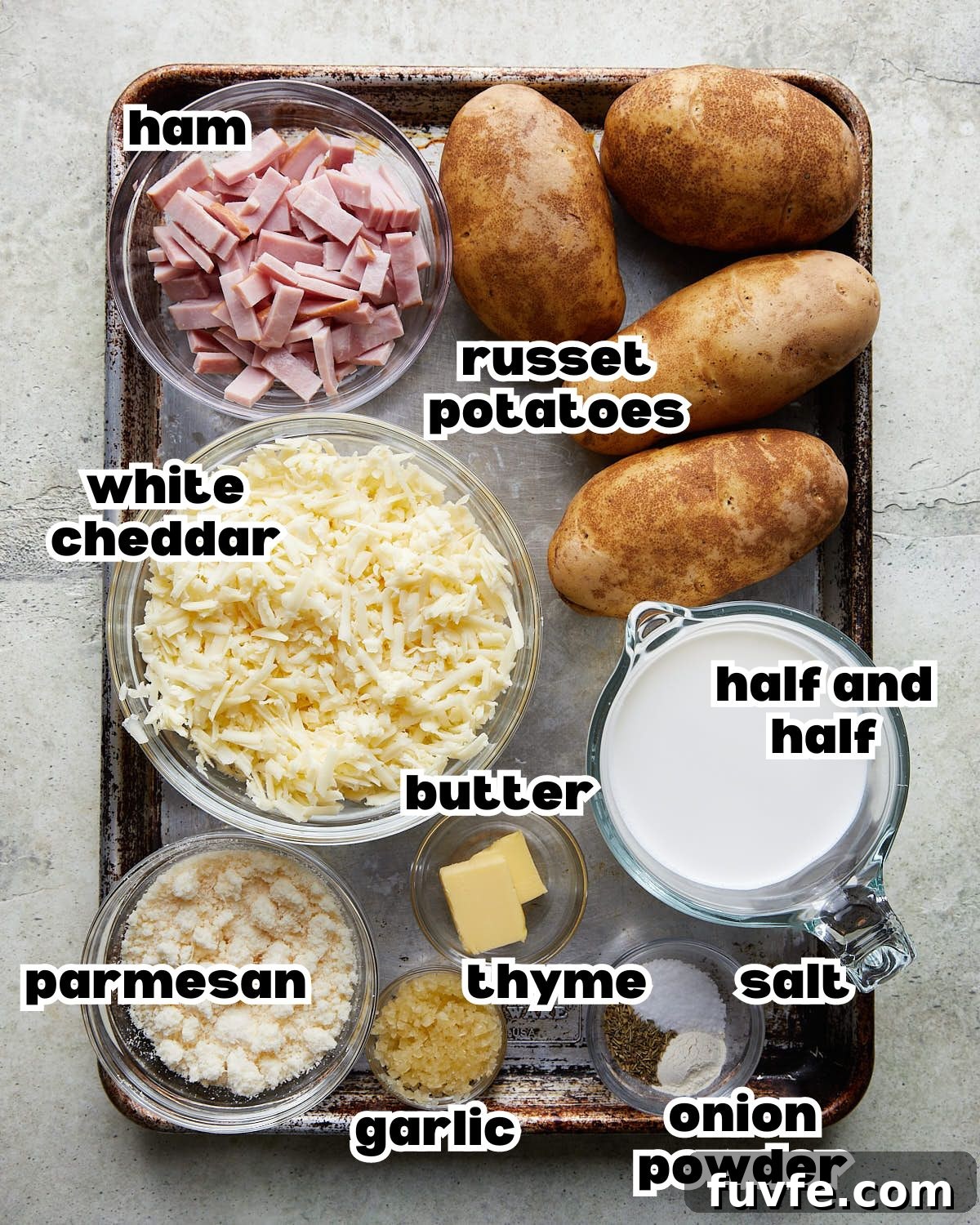 Cheesy Ham and Au Gratin Potatoes Recipe 3 Overhead image of ingredients needed to make au gratin potatoes.