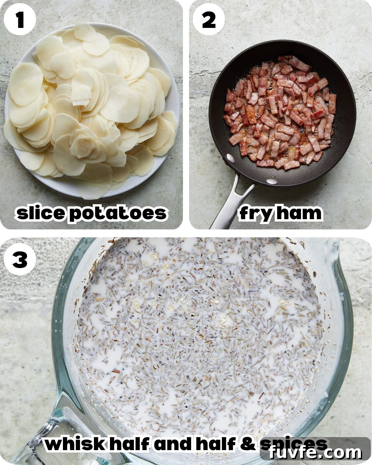 Cheesy Ham and Au Gratin Potatoes Recipe 4 A three photo collage showing the beginning steps for au gratin potatoes with ham.