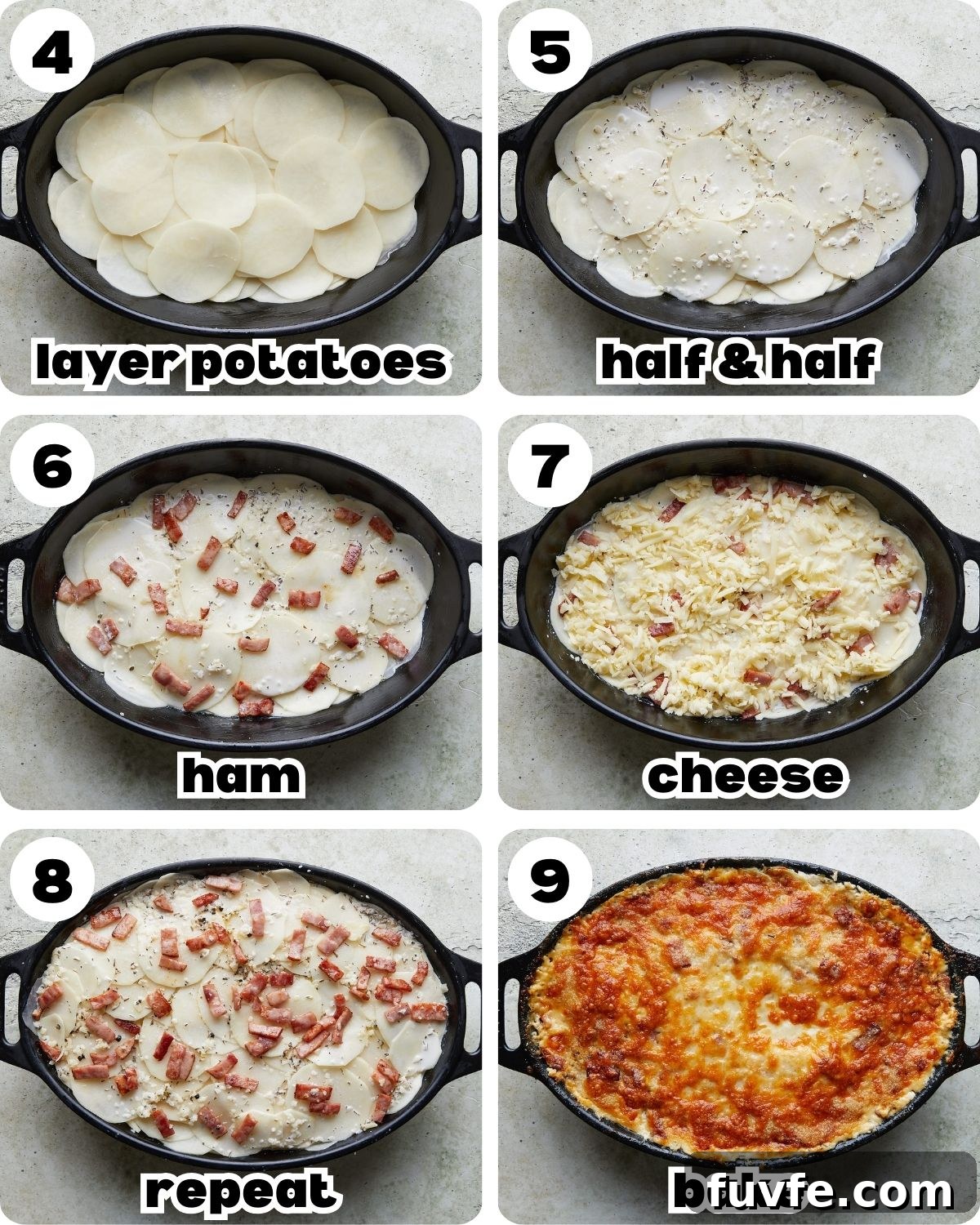 Cheesy Ham and Au Gratin Potatoes Recipe 5 A 6 photo collage showing the final steps for au gratin potatoes with ham.