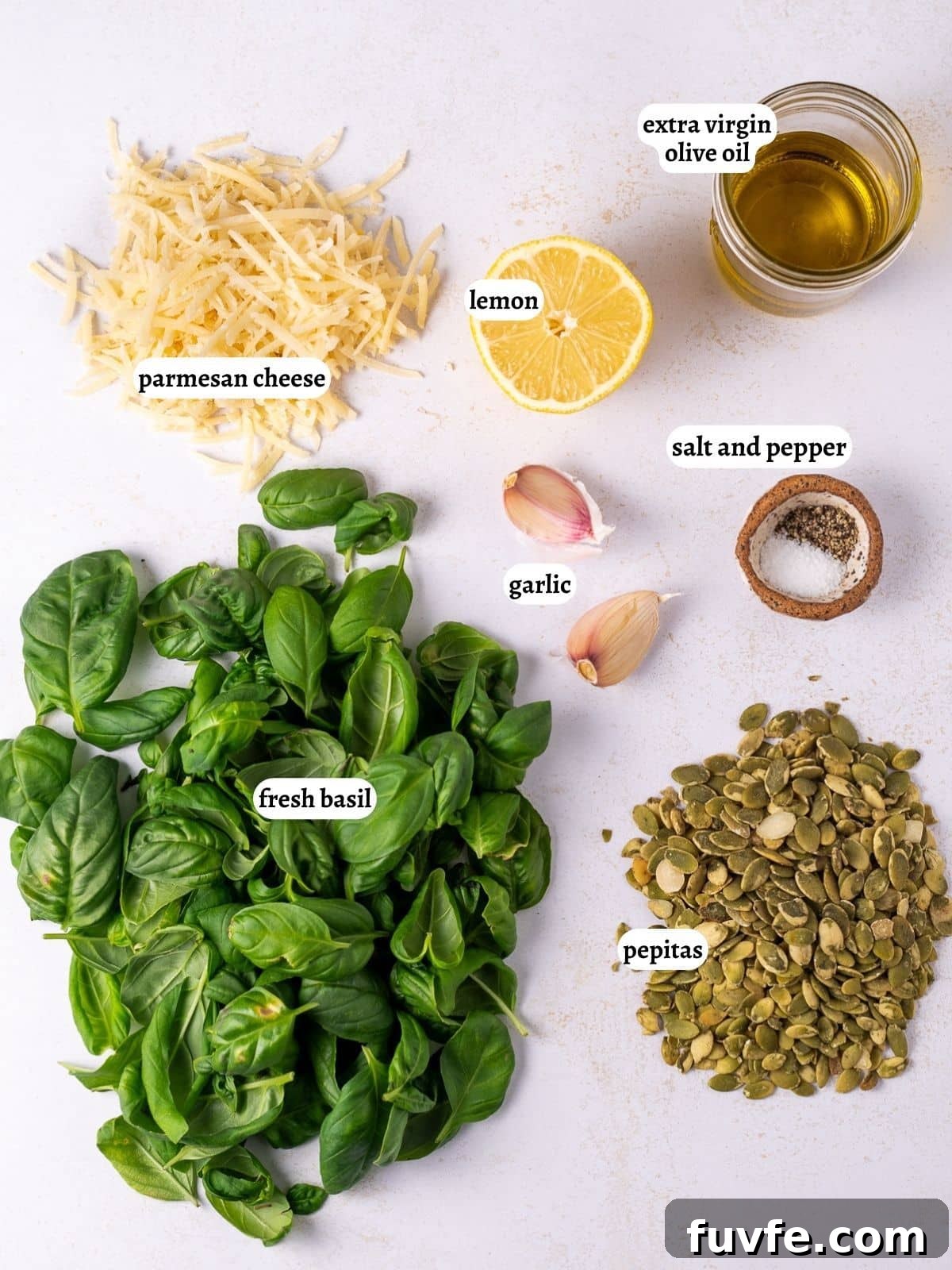Pepita Pesto Recipe: Nutty Pumpkin Seed Sauce for Pasta & Toast 3 ingredients needed for the recipe: basil, parmesan cheese, lemon, olive oil, salt, pepper, garlic and pepitas