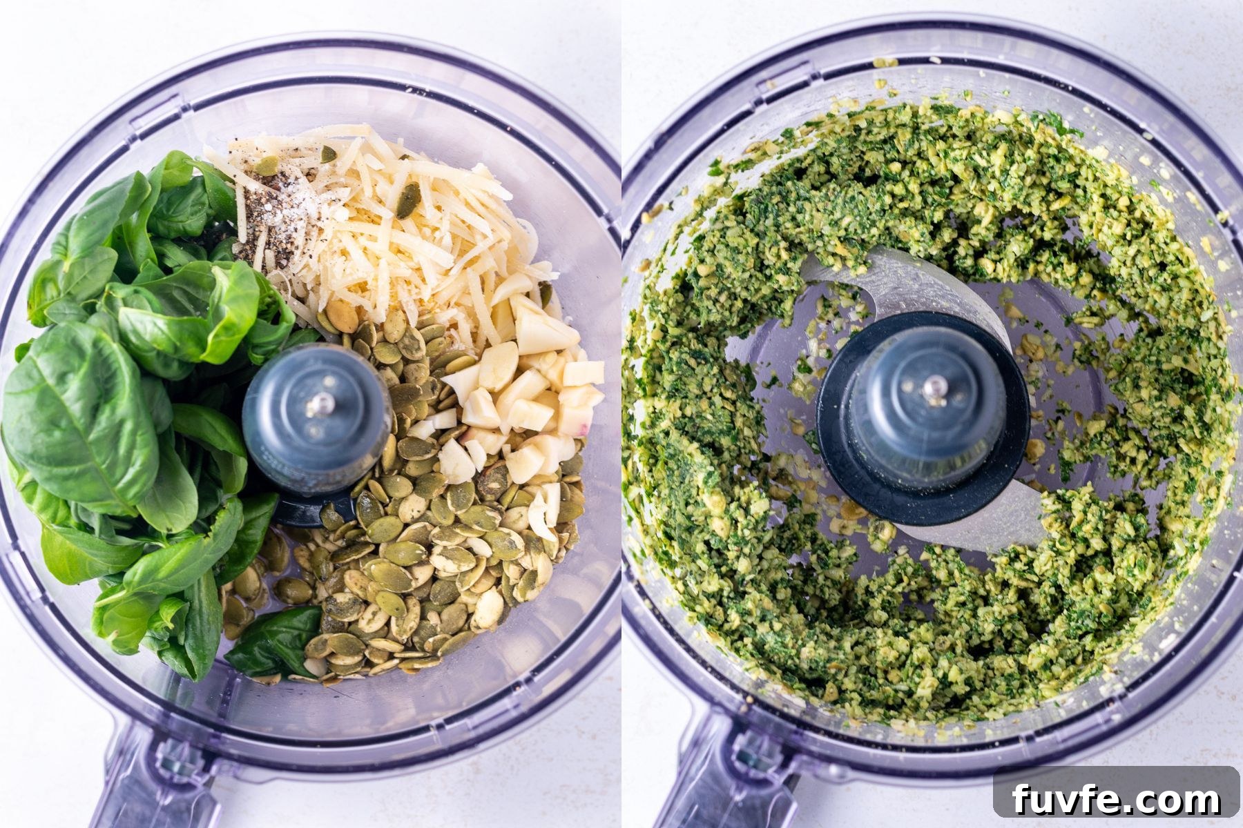 Pepita Pesto Recipe: Nutty Pumpkin Seed Sauce for Pasta & Toast 4 side by side pictures of a food processor with the un-processed ingredients and then the ingredients pulsed together