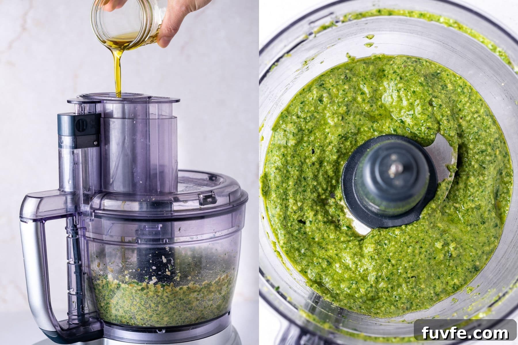 Pepita Pesto Recipe: Nutty Pumpkin Seed Sauce for Pasta & Toast 5 side by side pictures of a hand pouring olive oil into the food processor and an overhead shot of the blended pesto