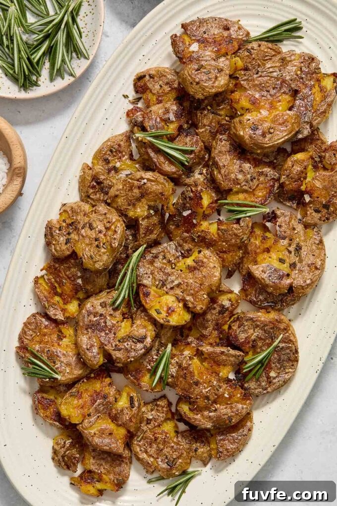 Crispy Smashed Potatoes with Garlic and Herbs 2 Platter of crispy smashed potatoes.