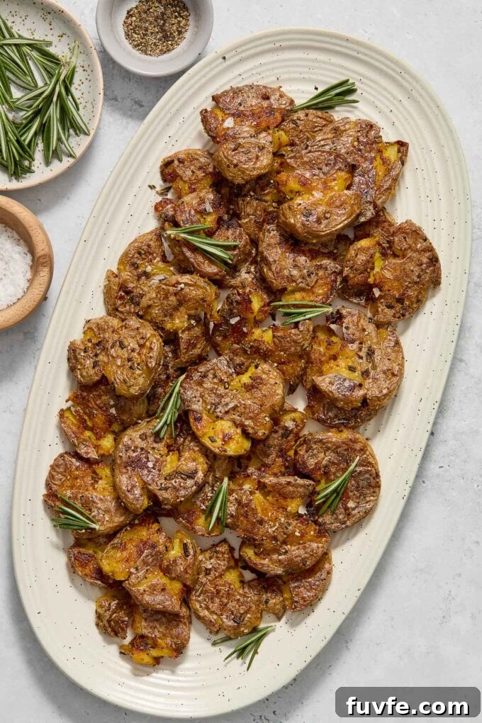 Crispy Smashed Potatoes with Garlic and Herbs 3 Crispy smashed potatoes on a platter with rosemary.