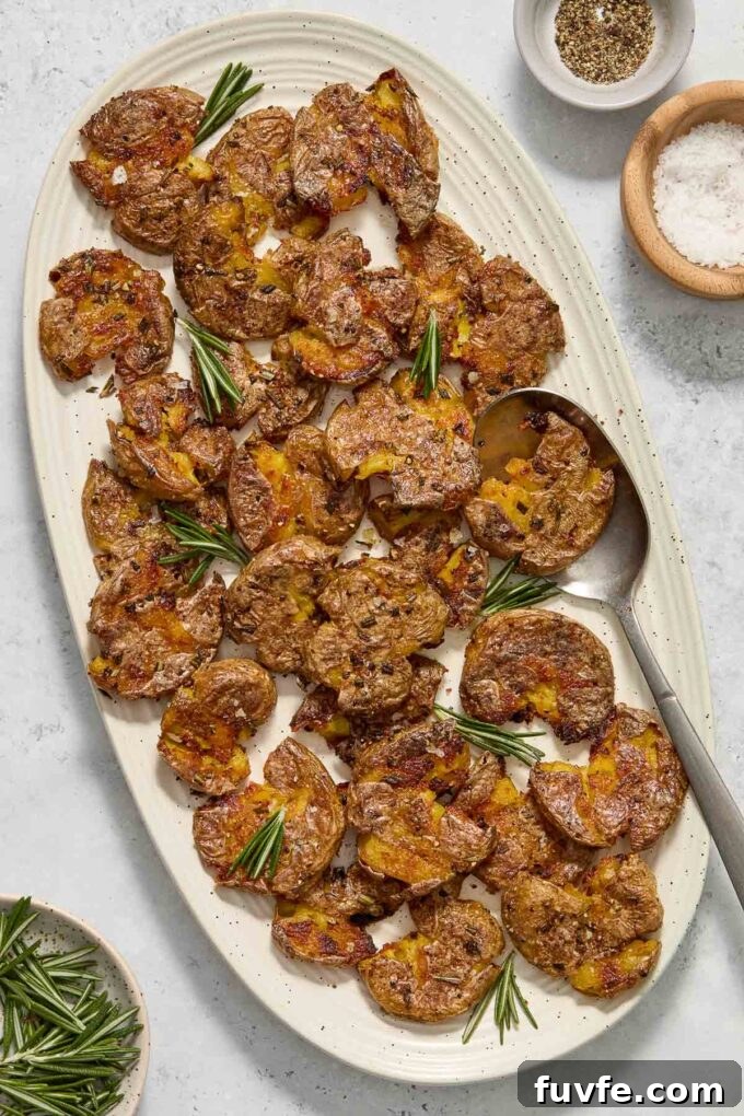 Crispy Smashed Potatoes with Garlic and Herbs 7 Crispy smashed baby potatoes on a platter.