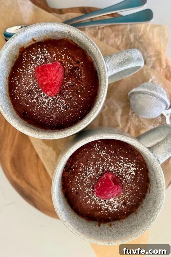 15 Irresistible Chocolate Sourdough Recipes to Try Today 16 2 sourdough chocolate mug cakes that have been dusted with powdered sugar and topped with a fresh raspberry.