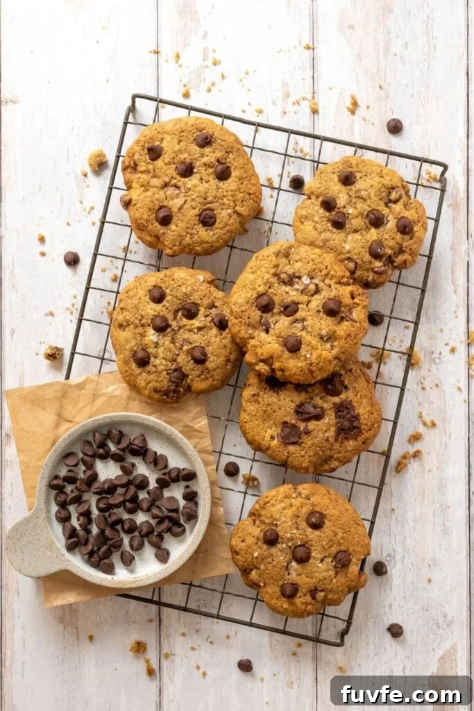 15 Irresistible Chocolate Sourdough Recipes to Try Today 19 A black wire cooking rack with 6 sourdough chocolate chip cookies sitting on top it.