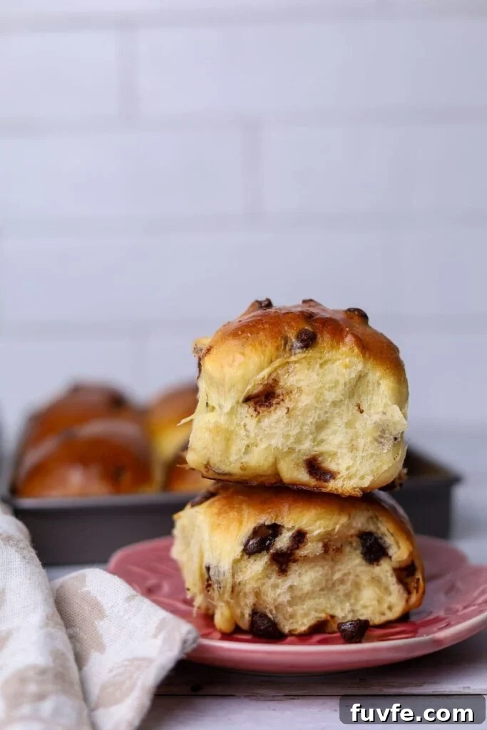 15 Irresistible Chocolate Sourdough Recipes to Try Today 24 Two chocolate chip sourdough brioche rolls stacked on top of one another sitting on a small pink plate.