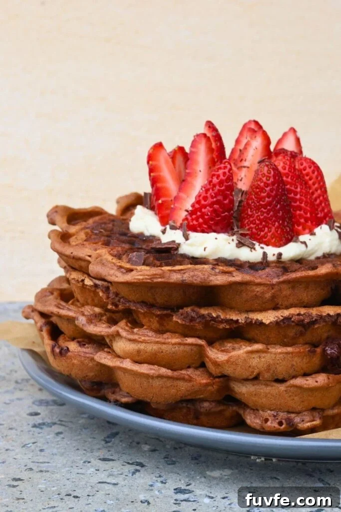 15 Irresistible Chocolate Sourdough Recipes to Try Today 7 A stack of 4 sourdough chocolate waffles topped with whipped cream and fresh strawberries.
