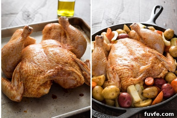 Photo collage showing a spatchcock chicken before oven roasting