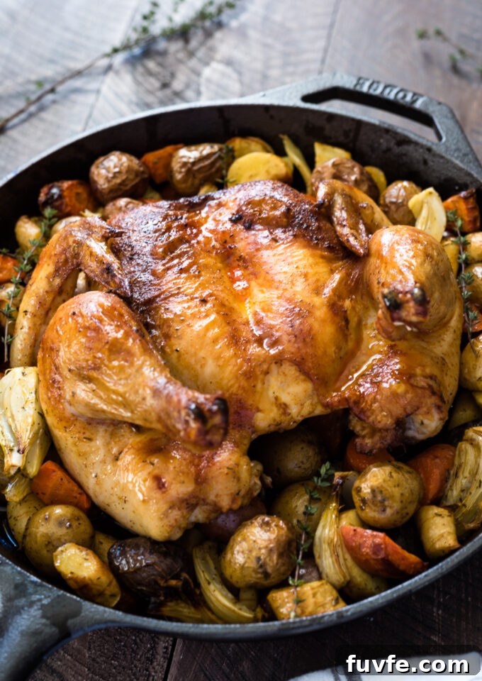 Roasted spatchcocked chicken and vegetables in cast iron skillet.