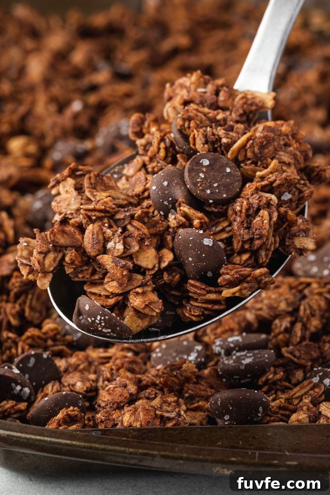 Chocolate granola in a spoon over a bowl
