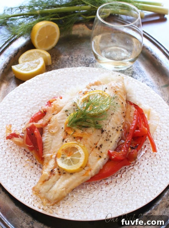 Baked catfish topped with fennel fronds on a white plate.