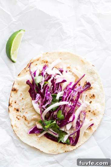 Overhead view of a spicy fish taco with fennel slaw.