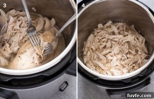 How to Make Shredded Chicken in the Instant Pot 10 Two forks shredding chicken and shredded chicken in instant pot collage