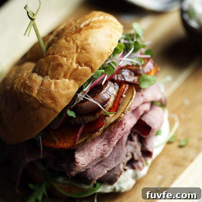 Radish Recipes: Over 20 Ideas and a Produce Guide 14 A loaded roast beef sandwich with a toothpick in the top.