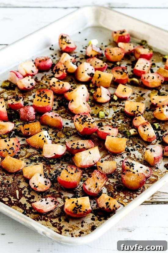Radish Recipes: Over 20 Ideas and a Produce Guide 16 Roasted radishes with sesame seeds on a baking sheet