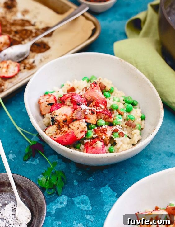 Radish Recipes: Over 20 Ideas and a Produce Guide 22 A white bowl of spring pea and radish risotto.