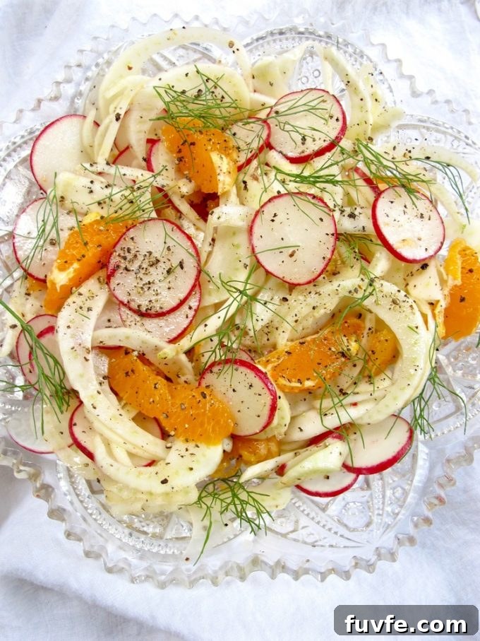 Radish Recipes: Over 20 Ideas and a Produce Guide 7 Fennel radish citrus salad on a glass plate