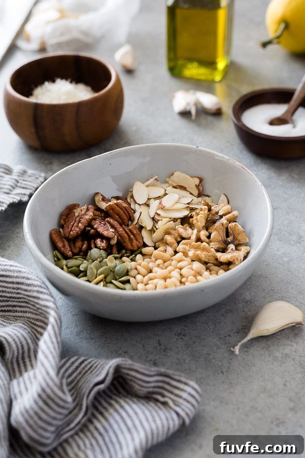 Pesto Sauce Recipe Using Any Greens 5 Bowl with a variety of nuts and seeds